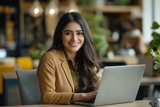 Businesswoman working confidently on a laptop